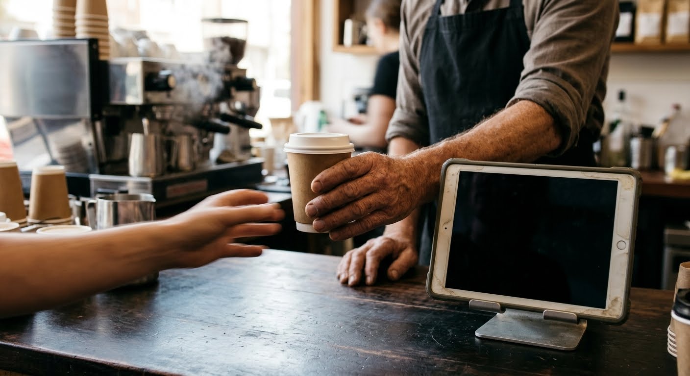Hands passing a takeaway coffee across a café counter, next to a tablet on a stand.